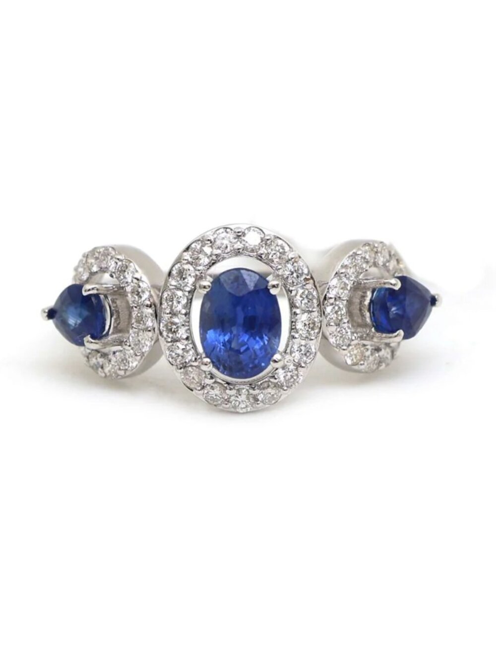 Triple Blue Sapphire 14K White Gold (18K Custom) Diamond Halo Ring
